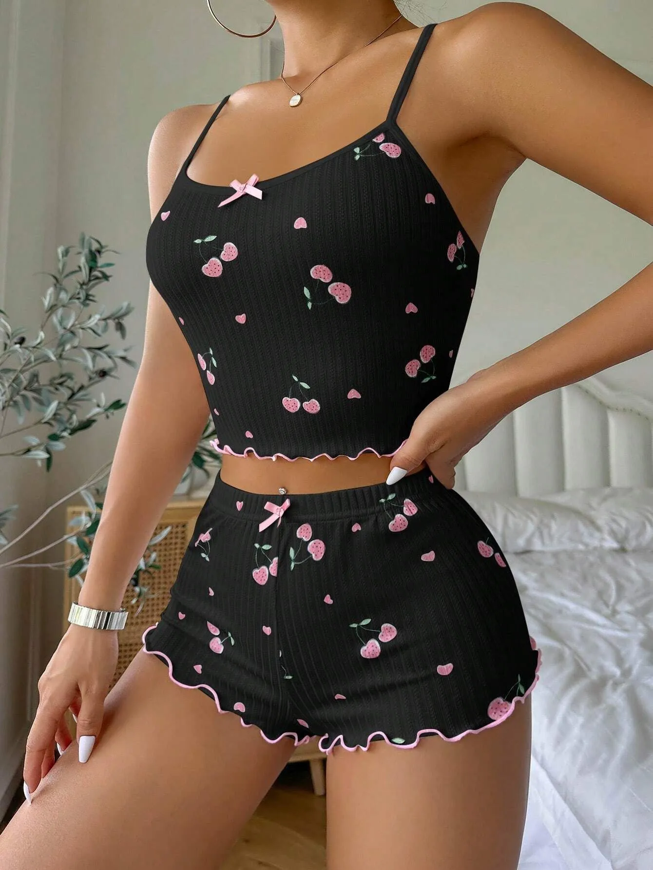 Independent Station  Summer Sling Elastic Shorts Pajamas Women's Suit Jacquard Printed Women's Home Clothes display picture 7