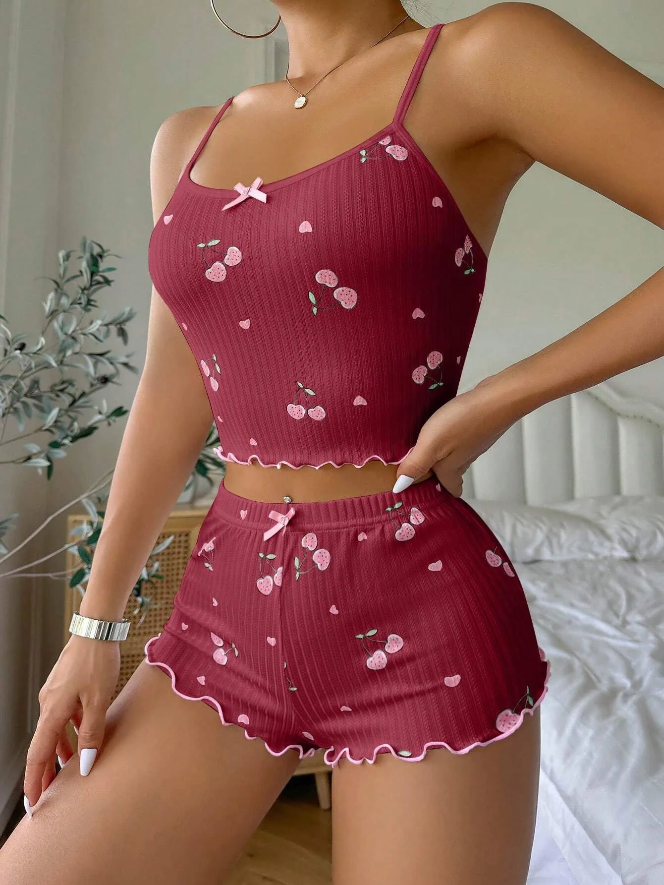 Independent Station  Summer Sling Elastic Shorts Pajamas Women's Suit Jacquard Printed Women's Home Clothes display picture 8