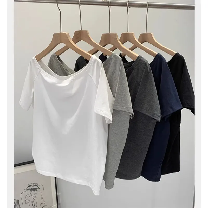 Hot Girl Style Off-line Collar Slant Shoulder Top Women's Summer  New Niche Leaky Collarbone Loose Short-sleeved White T-shirt display picture 6