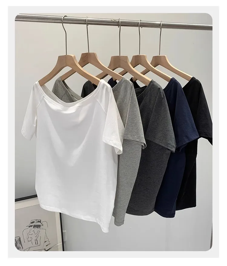Hot Girl Style Off-line Collar Slant Shoulder Top Women's Summer  New Niche Leaky Collarbone Loose Short-sleeved White T-shirt display picture 7