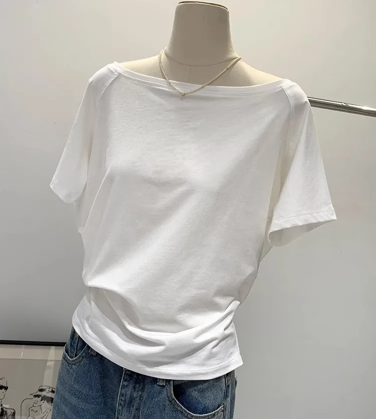 Hot Girl Style Off-line Collar Slant Shoulder Top Women's Summer  New Niche Leaky Collarbone Loose Short-sleeved White T-shirt display picture 10