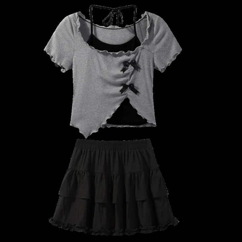 Gray Asymmetrical Suspender Short-sleeved Shirt For Women New Summer Halter Waist Slim Top + Cake Skirt Two-piece Set display picture 1