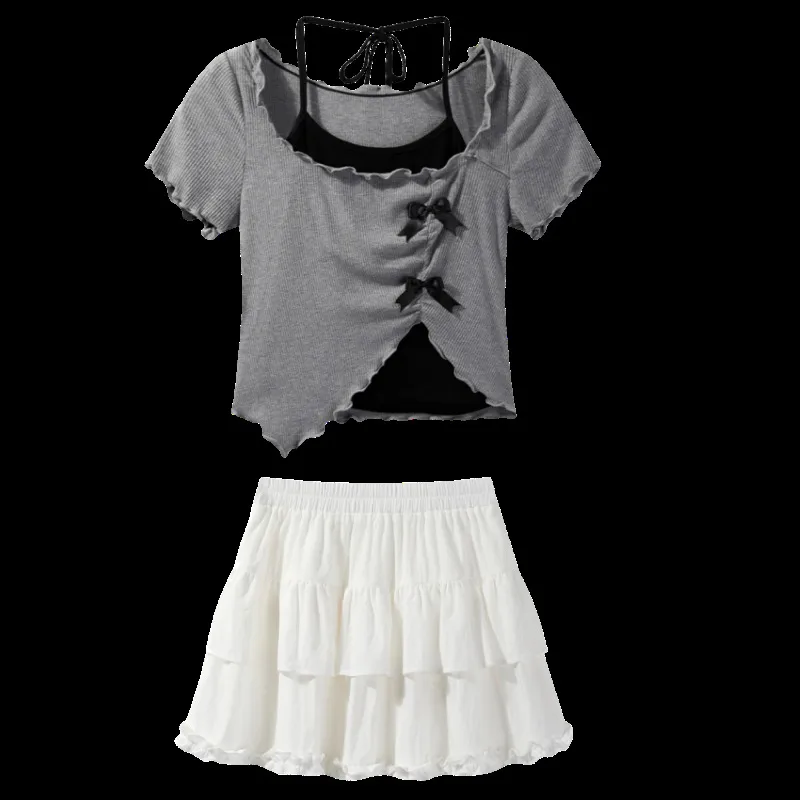 Gray Asymmetrical Suspender Short-sleeved Shirt For Women New Summer Halter Waist Slim Top + Cake Skirt Two-piece Set display picture 2