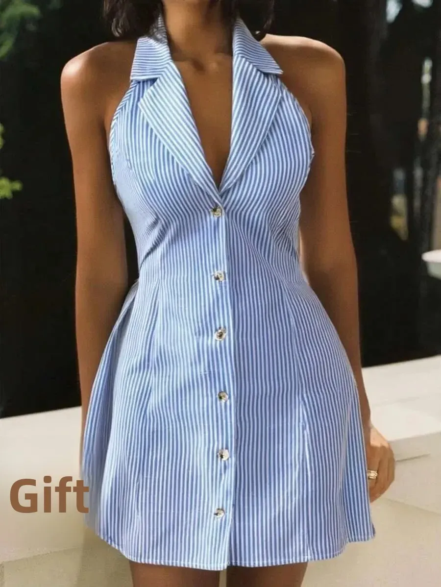Backless Strap Bow Holiday A- Line Beach Dress Single Row Button Strap Dress  Women's Clothing display picture 1