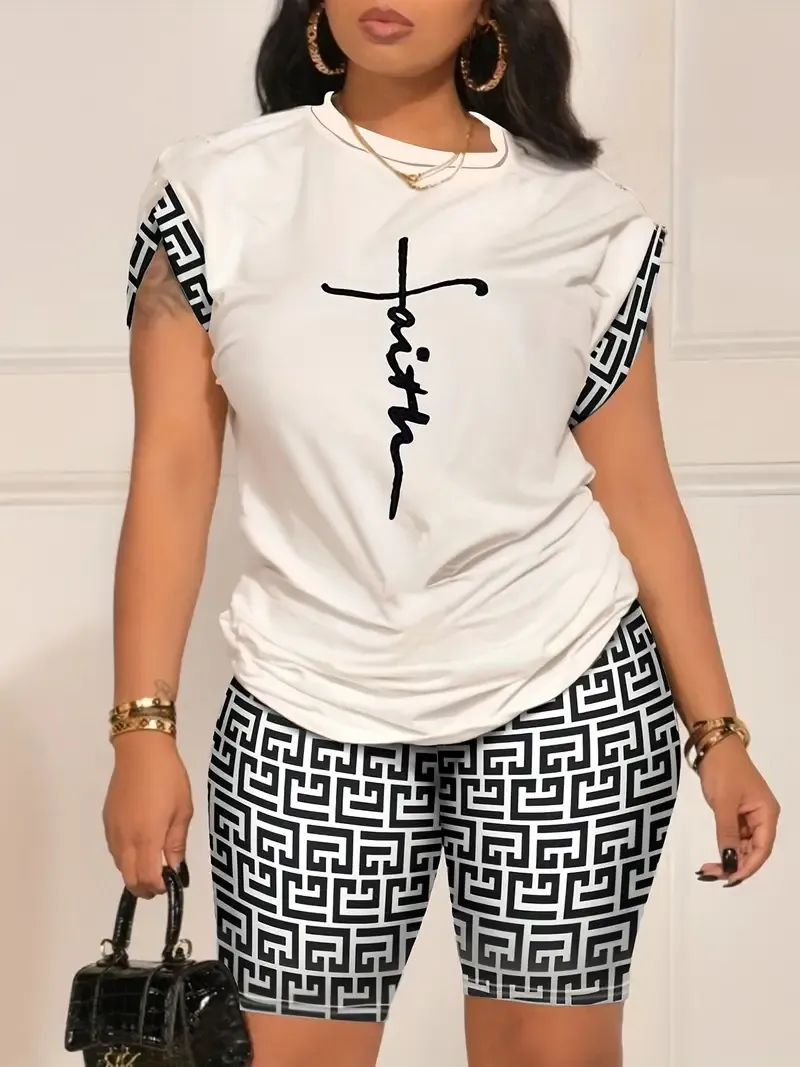Summer New  Women's   Temperament Digital Printing Round Neck Short Sleeve Suit display picture 2