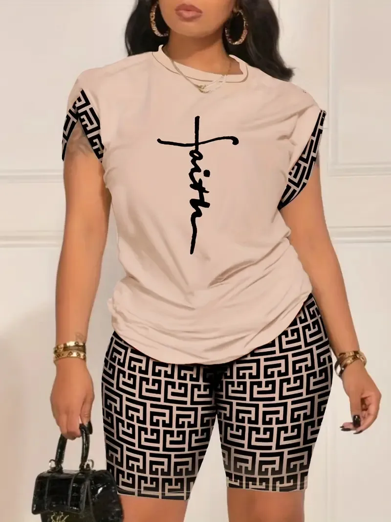 Summer New  Women's   Temperament Digital Printing Round Neck Short Sleeve Suit display picture 5