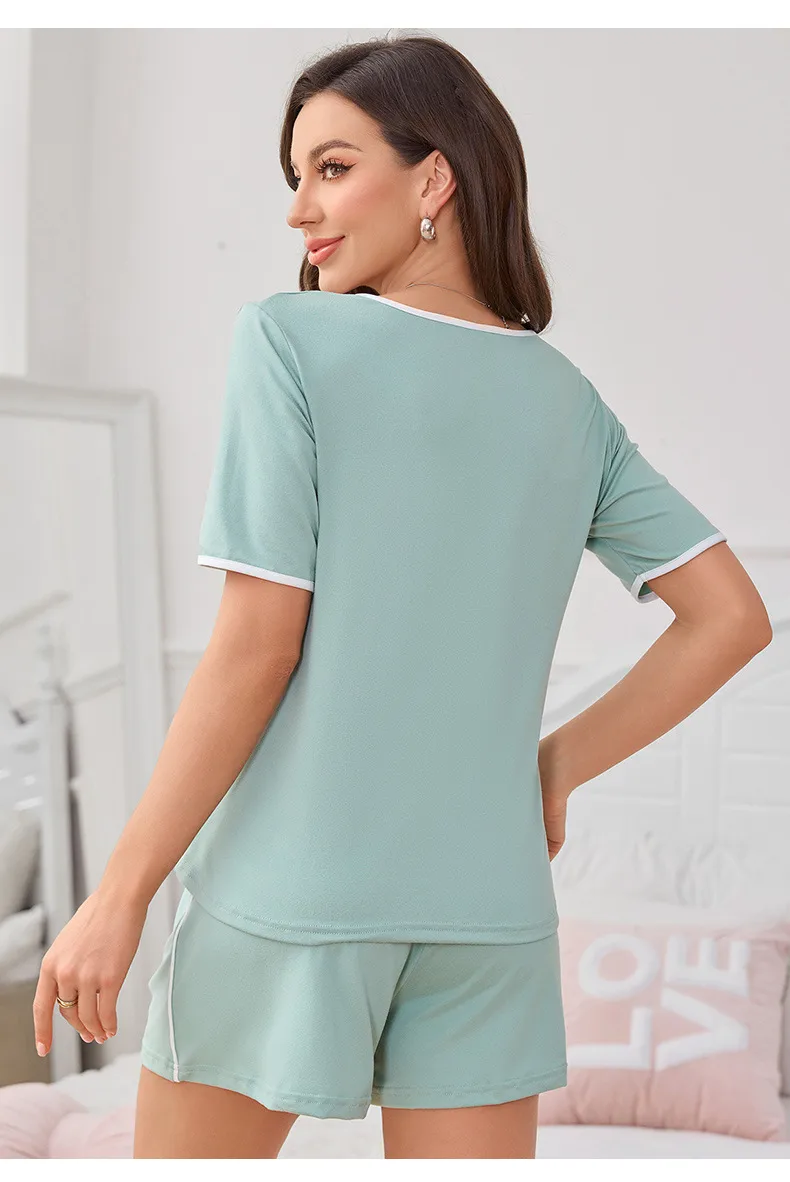 New Manufacturers Selling Pajamas Ladies Sling Nightgown Short Sleeve Round Neck Suit Summer Wear Home Clothes display picture 8