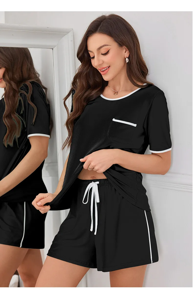 New Manufacturers Selling Pajamas Ladies Sling Nightgown Short Sleeve Round Neck Suit Summer Wear Home Clothes display picture 12