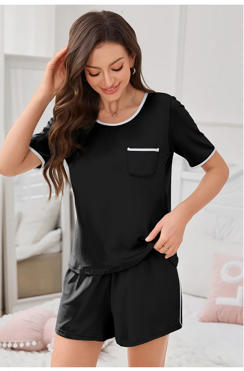 New Manufacturers Selling Pajamas Ladies Sling Nightgown Short Sleeve Round Neck Suit Summer Wear Home Clothes display picture 15
