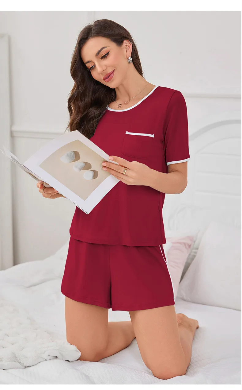 New Manufacturers Selling Pajamas Ladies Sling Nightgown Short Sleeve Round Neck Suit Summer Wear Home Clothes display picture 20