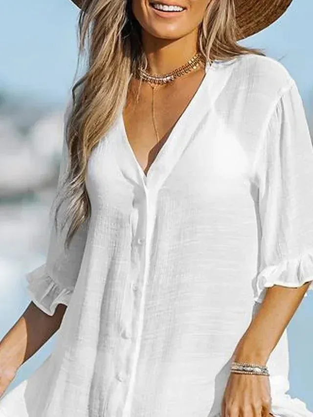 Spring And Summer New Women's V-neck Hem Ruffled Dress  Solid Color Beach Dress Explosions display picture 5