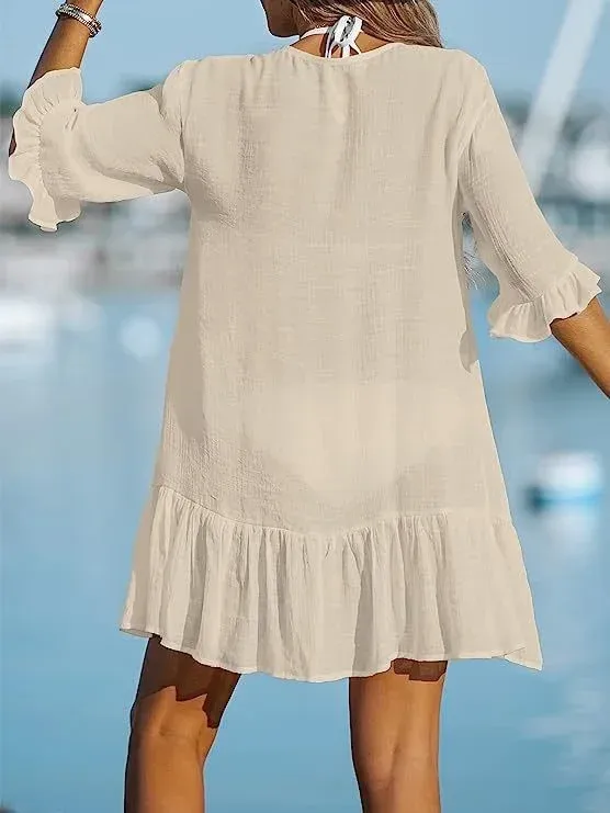 Spring And Summer New Women's V-neck Hem Ruffled Dress  Solid Color Beach Dress Explosions display picture 8
