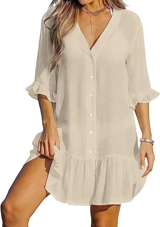 Spring And Summer New Women's V-neck Hem Ruffled Dress  Solid Color Beach Dress Explosions display picture 9