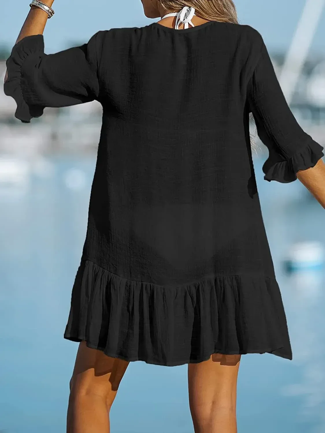 Spring And Summer New Women's V-neck Hem Ruffled Dress  Solid Color Beach Dress Explosions display picture 12