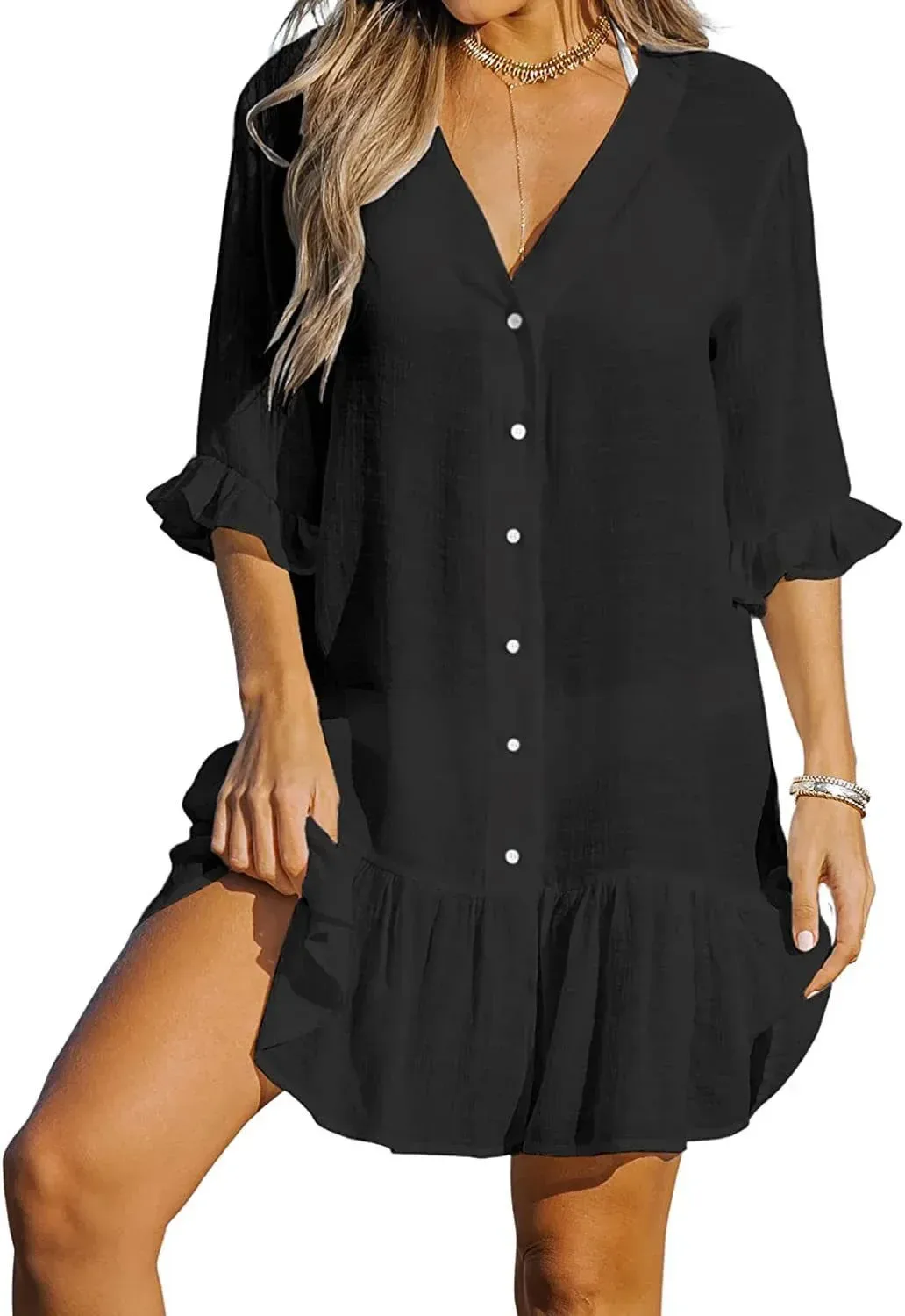 Spring And Summer New Women's V-neck Hem Ruffled Dress  Solid Color Beach Dress Explosions display picture 13