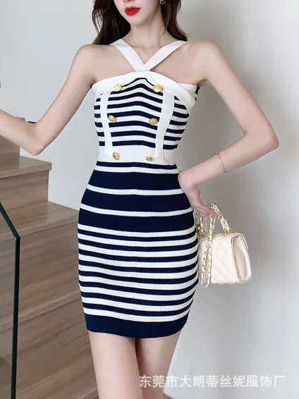 Hot Girl Sexy Halter Knitted Dress Women's Summer New Fashion Off-the-shoulder Hip Skirt French Waist Suspender Skirt display picture 3