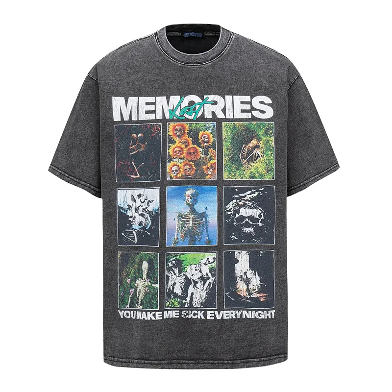 Jiayiku Men's  Summer American Retro Fashion Brand Skull Skeleton Diablo Printed Washed Short-sleeved T-shirt display picture 2