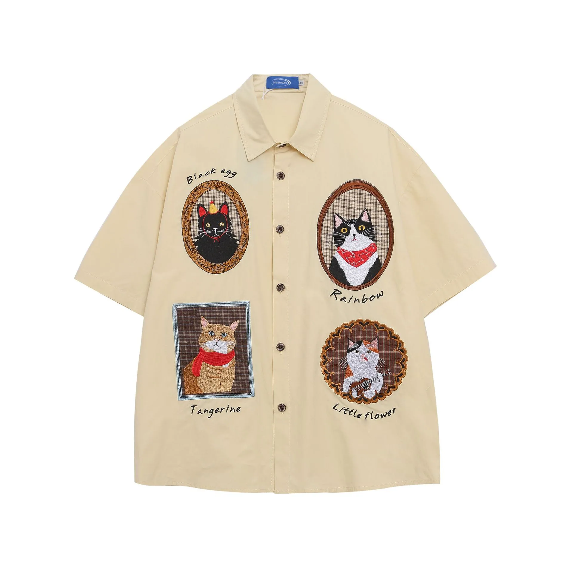 Jiayiku Men's  Summer American Style Antique Fashion Brand Heavy Industry Embroidered Cat Lazy Short-sleeved Shirt For Men And Women display picture 2