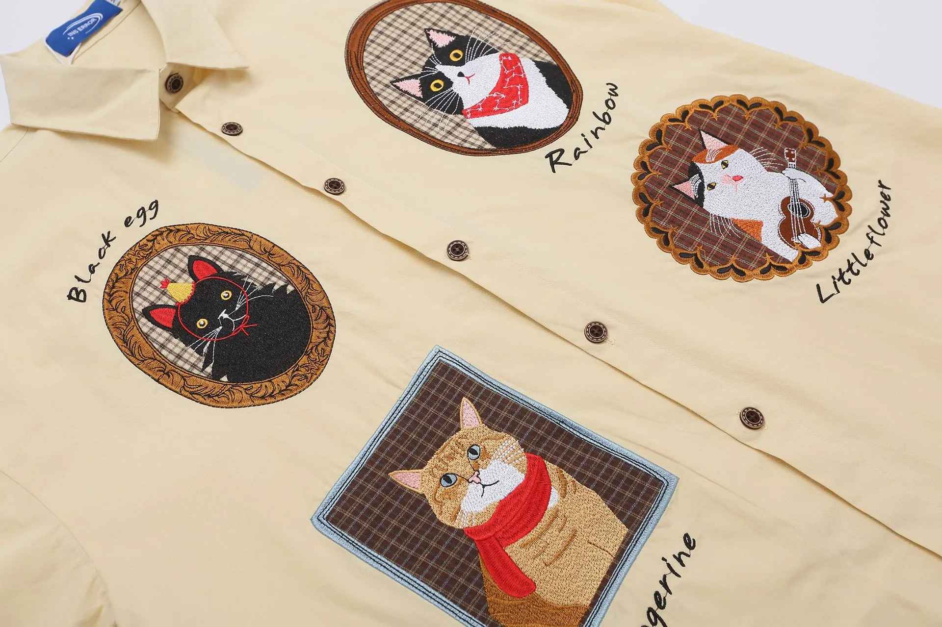 Jiayiku Men's  Summer American Style Antique Fashion Brand Heavy Industry Embroidered Cat Lazy Short-sleeved Shirt For Men And Women display picture 4