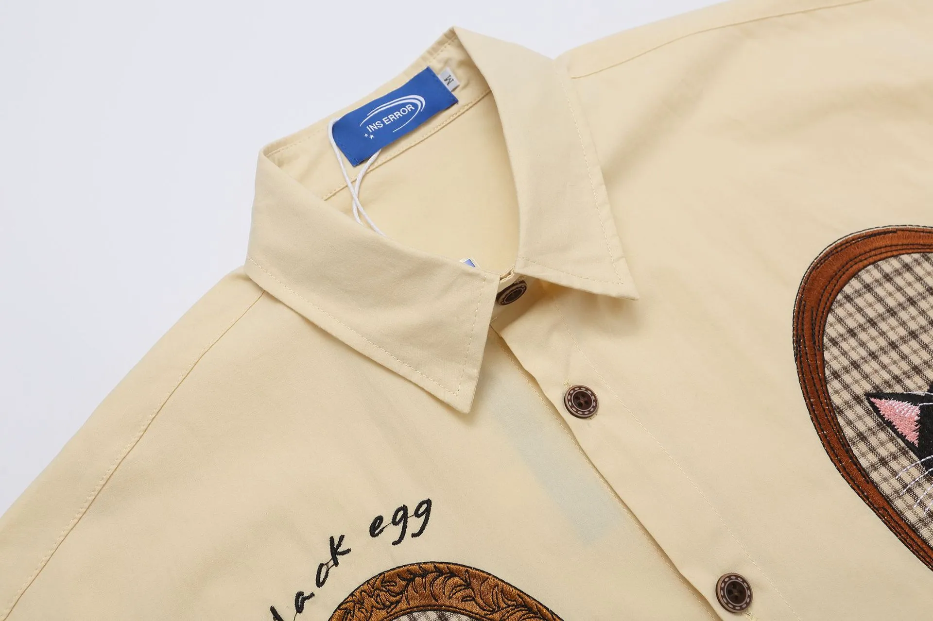 Jiayiku Men's  Summer American Style Antique Fashion Brand Heavy Industry Embroidered Cat Lazy Short-sleeved Shirt For Men And Women display picture 7