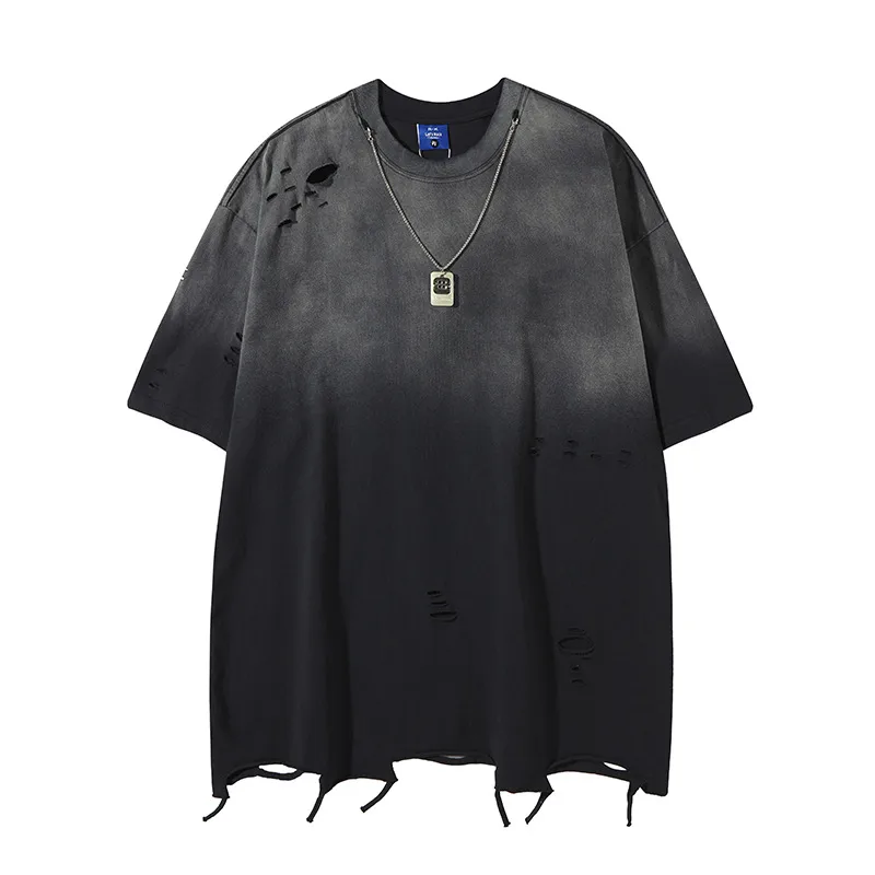 Jiayiku Men's  Summer American Street Fashion Brand Necklace Tee Washed Hanging Dye Cut Erosive Short-sleeved T-shirt display picture 3