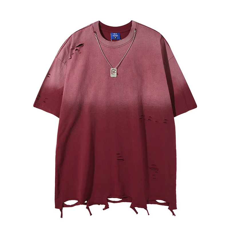Jiayiku Men's  Summer American Street Fashion Brand Necklace Tee Washed Hanging Dye Cut Erosive Short-sleeved T-shirt display picture 9