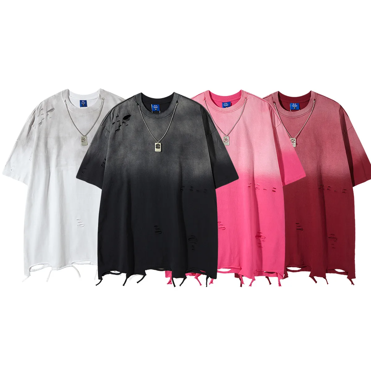 Jiayiku Men's  Summer American Street Fashion Brand Necklace Tee Washed Hanging Dye Cut Erosive Short-sleeved T-shirt display picture 2