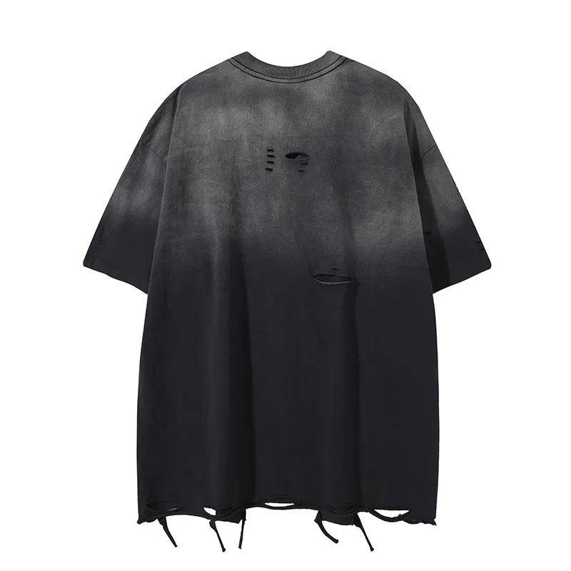 Jiayiku Men's  Summer American Street Fashion Brand Necklace Tee Washed Hanging Dye Cut Erosive Short-sleeved T-shirt display picture 4