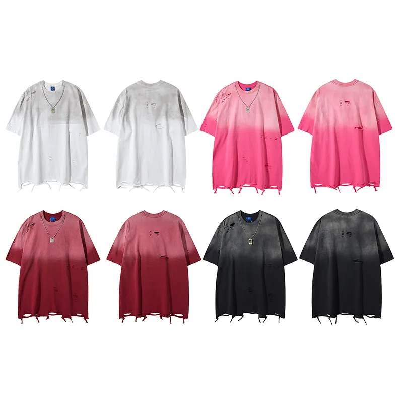 Jiayiku Men's  Summer American Street Fashion Brand Necklace Tee Washed Hanging Dye Cut Erosive Short-sleeved T-shirt display picture 11
