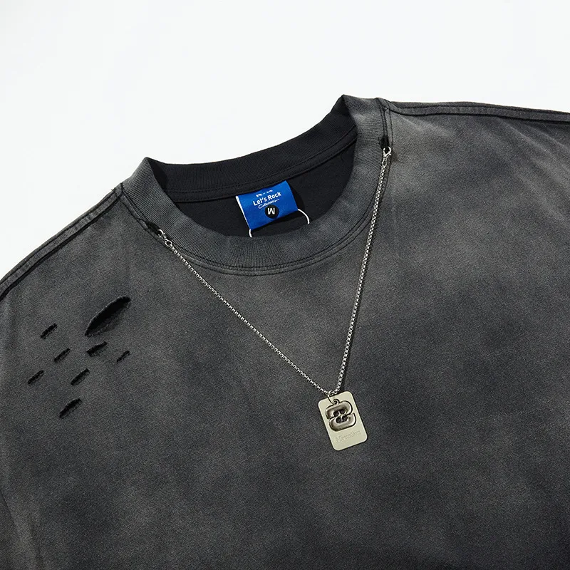 Jiayiku Men's  Summer American Street Fashion Brand Necklace Tee Washed Hanging Dye Cut Erosive Short-sleeved T-shirt display picture 12