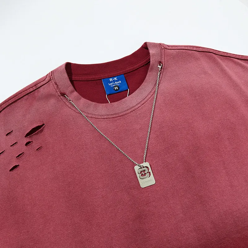 Jiayiku Men's  Summer American Street Fashion Brand Necklace Tee Washed Hanging Dye Cut Erosive Short-sleeved T-shirt display picture 21