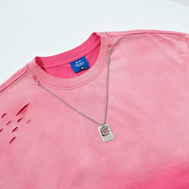 Jiayiku Men's  Summer American Street Fashion Brand Necklace Tee Washed Hanging Dye Cut Erosive Short-sleeved T-shirt display picture 30