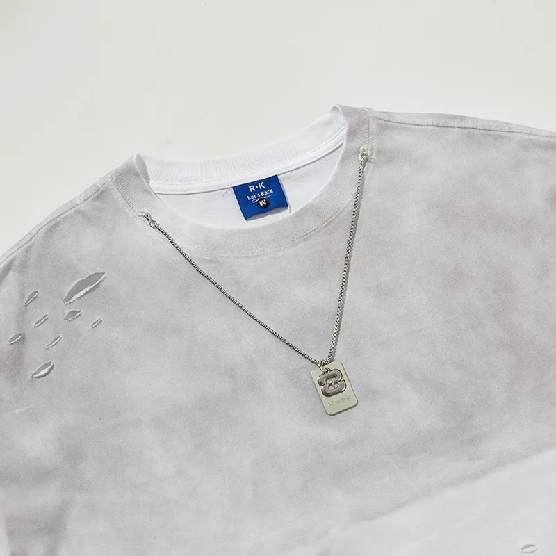 Jiayiku Men's  Summer American Street Fashion Brand Necklace Tee Washed Hanging Dye Cut Erosive Short-sleeved T-shirt display picture 38