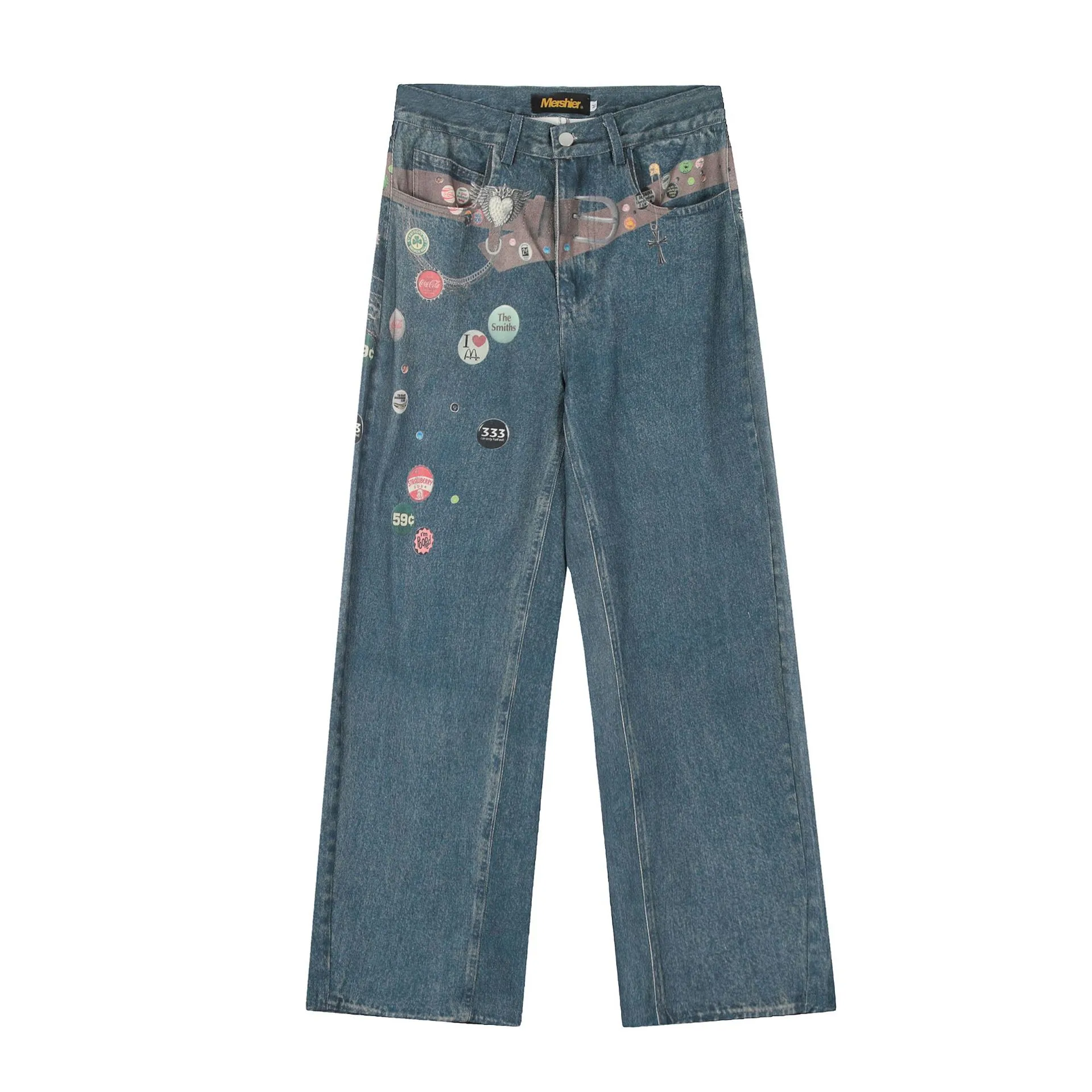 Jiayiku Fashion Brand  Spring American Retro 3D Printed Washed Jeans Straight Cleanfit Trousers display picture 3