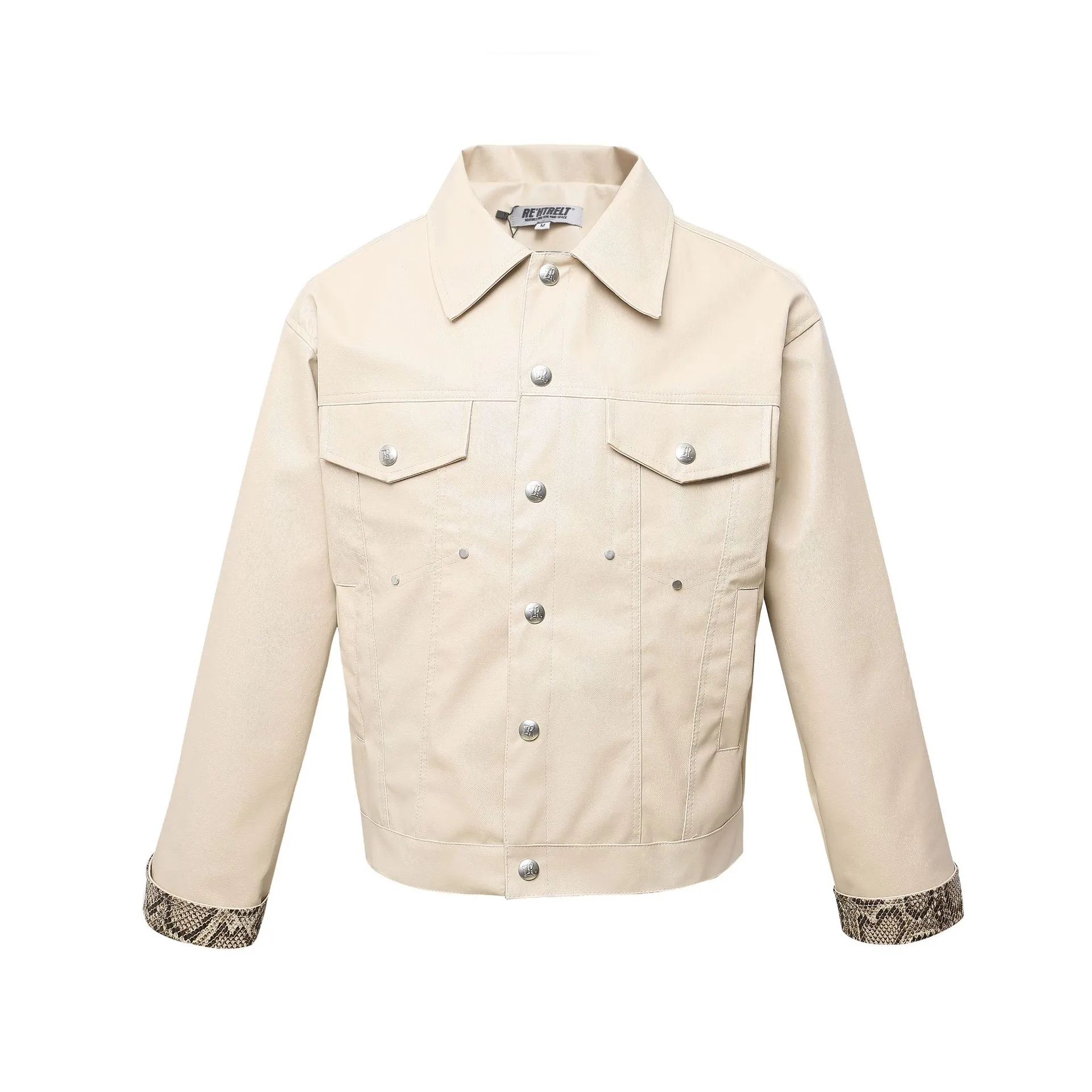 Jiayiku Fashion Brand  Spring American Retro Python Pattern Stitching Loose PU Leather Locomotive Jacket Coat Men display picture 7