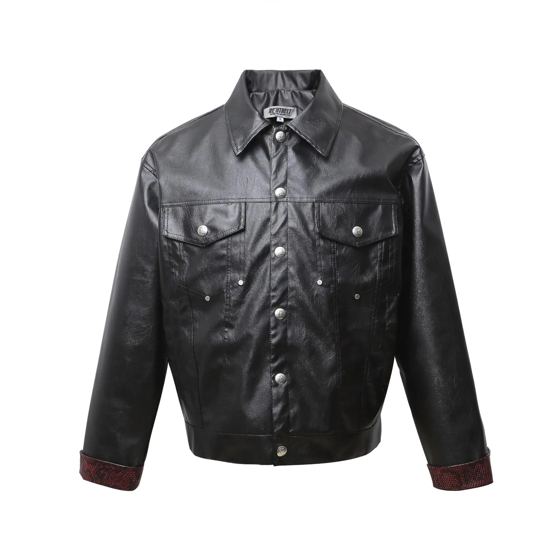 Jiayiku Fashion Brand  Spring American Retro Python Pattern Stitching Loose PU Leather Locomotive Jacket Coat Men display picture 4