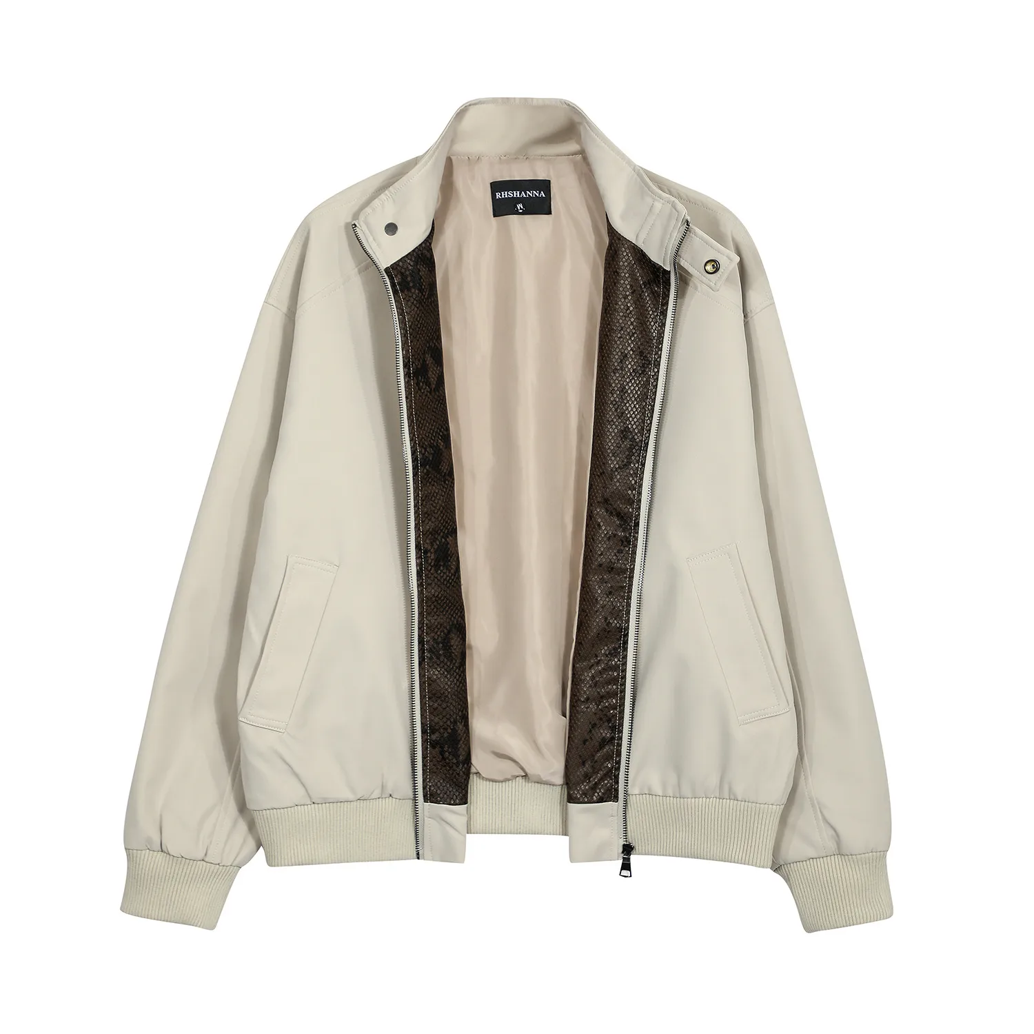Jiayiku Men's  Spring New American Retro Fashion Brand Python Pattern Leather Stitching Detroit Jacket For Men display picture 3