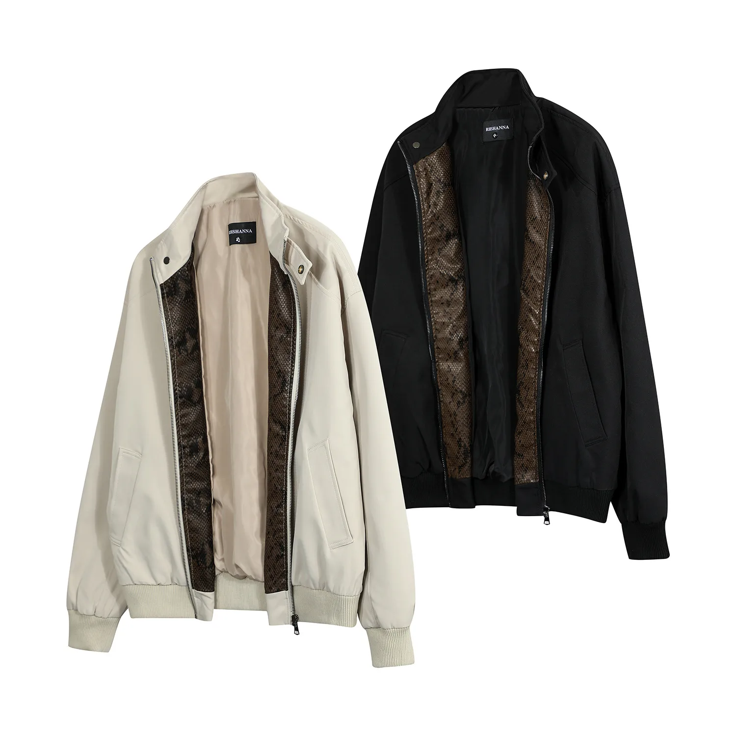 Jiayiku Men's  Spring New American Retro Fashion Brand Python Pattern Leather Stitching Detroit Jacket For Men display picture 13