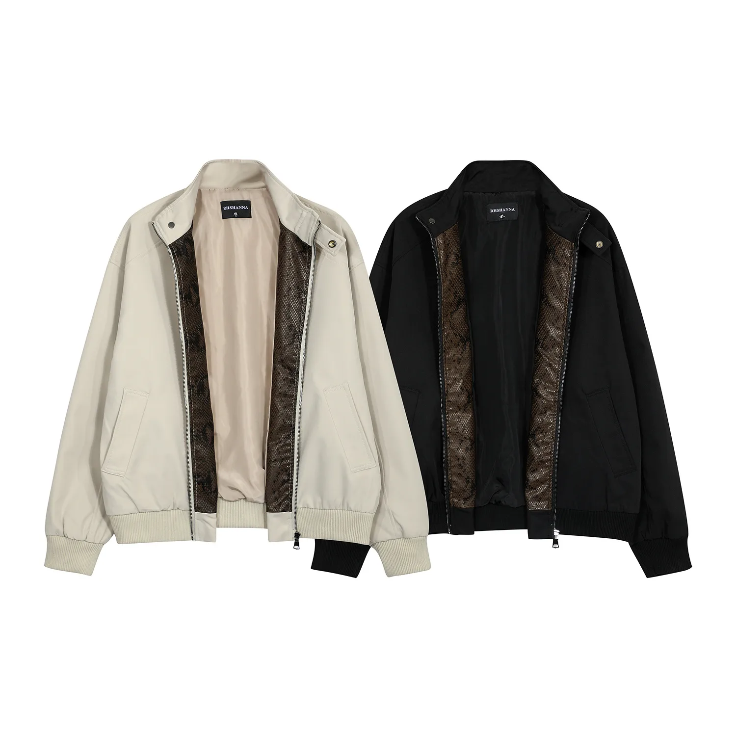 Jiayiku Men's  Spring New American Retro Fashion Brand Python Pattern Leather Stitching Detroit Jacket For Men display picture 11