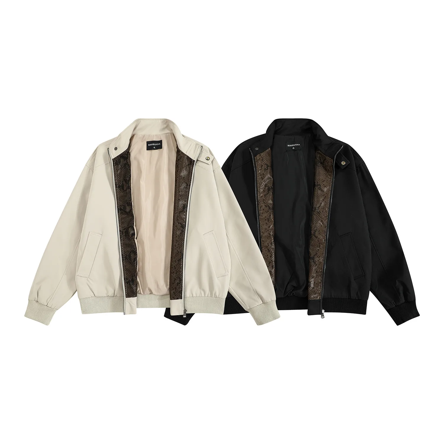 Jiayiku Men's  Spring New American Retro Fashion Brand Python Pattern Leather Stitching Detroit Jacket For Men display picture 12