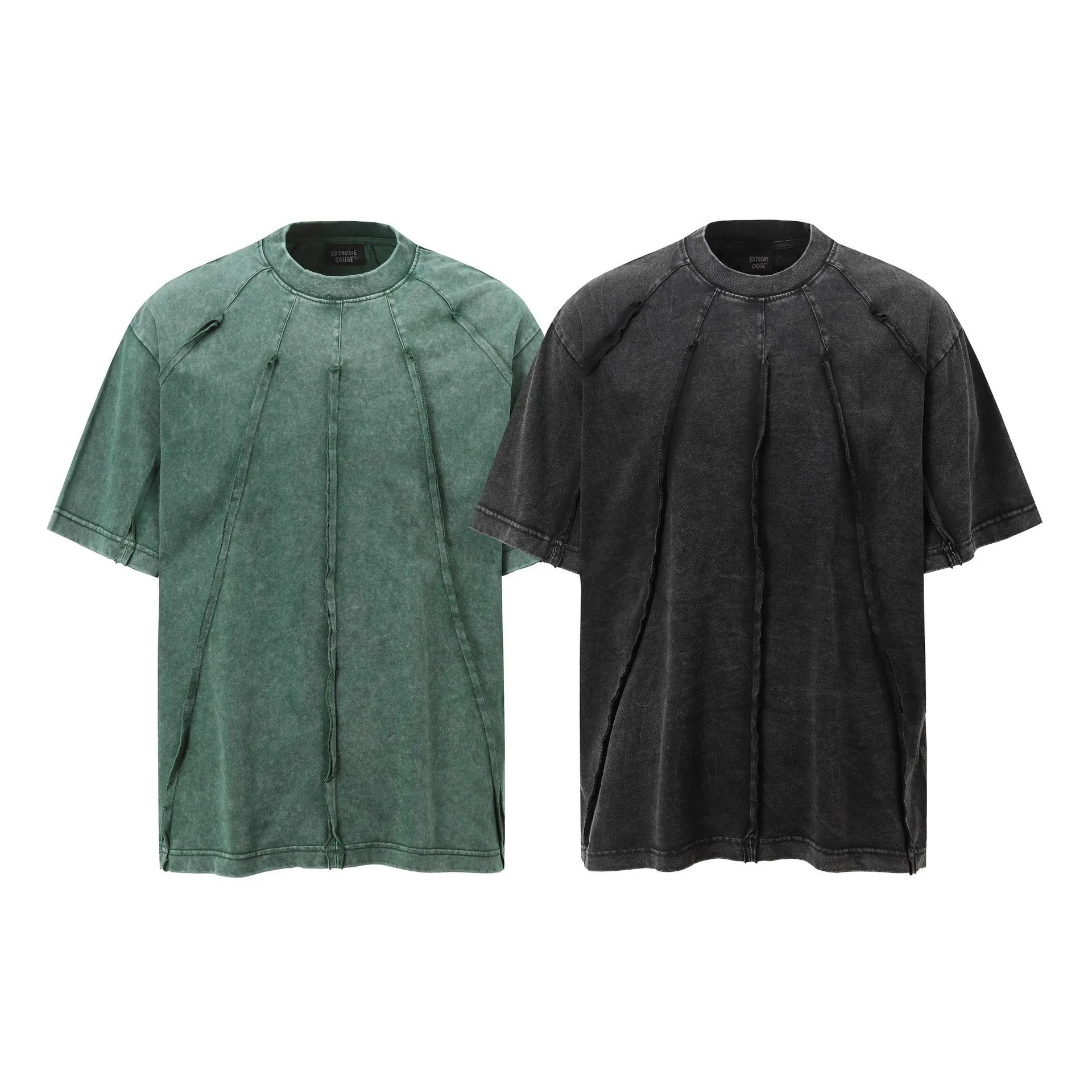 Jiayiku Men's  Summer New American Retro Trendy Brand Heavy Washed Rough Edge Stitching T-Shirt Short Sleeve Men display picture 1