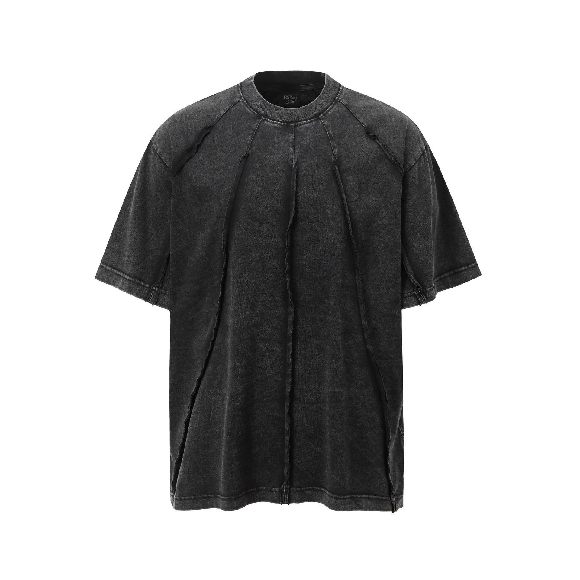 Jiayiku Men's  Summer New American Retro Trendy Brand Heavy Washed Rough Edge Stitching T-Shirt Short Sleeve Men display picture 3
