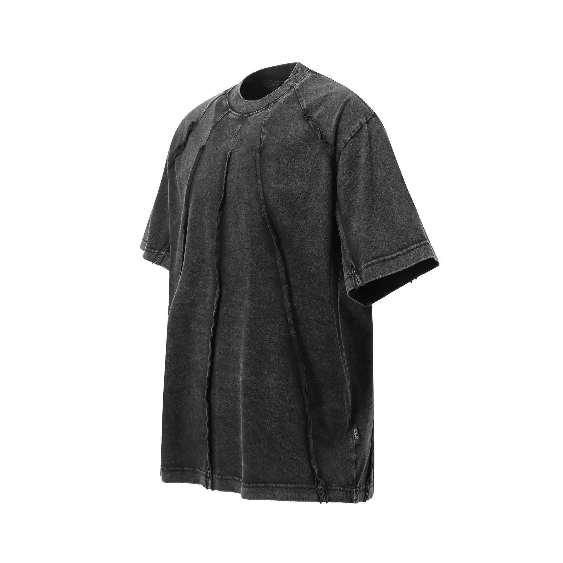 Jiayiku Men's  Summer New American Retro Trendy Brand Heavy Washed Rough Edge Stitching T-Shirt Short Sleeve Men display picture 4