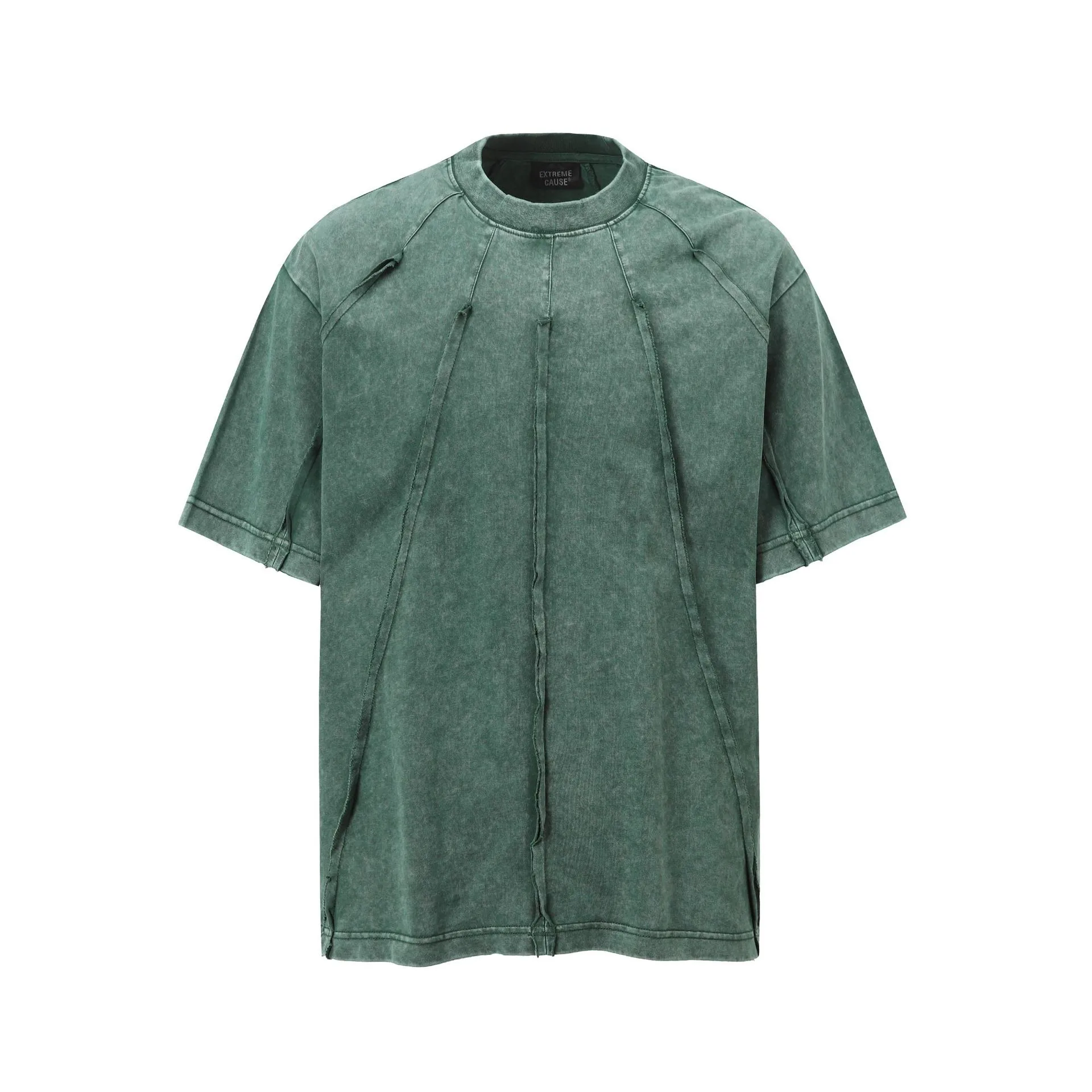 Jiayiku Men's  Summer New American Retro Trendy Brand Heavy Washed Rough Edge Stitching T-Shirt Short Sleeve Men display picture 6
