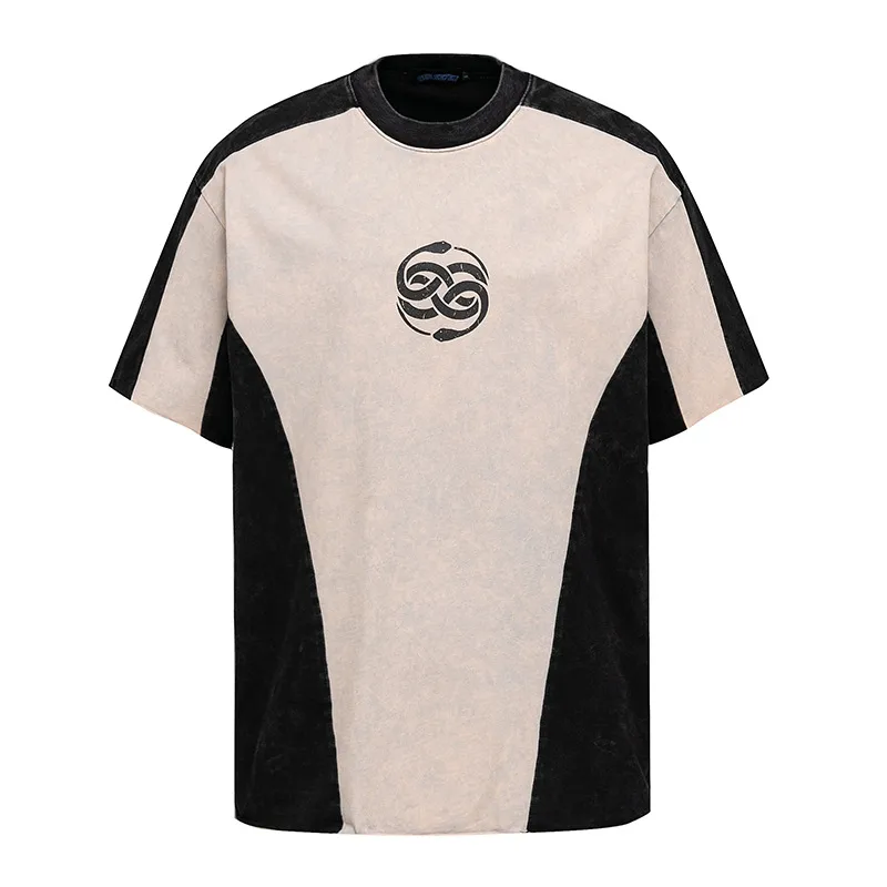 Jiayi Library Men's  Summer American Motorcycle Style Color-block Sweatshirt Year Of The Snake Theme Washed Short-sleeved T-shirt Men display picture 1