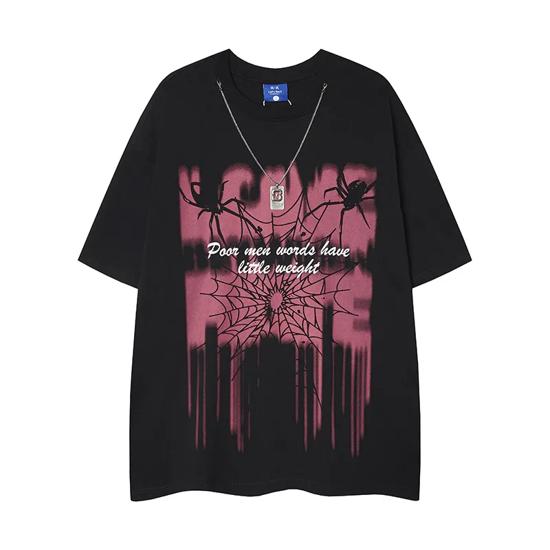 Jiayiku Men's  Summer American Street Hip Hop Fashion Brand Necklace Tee Dark Spider Print T-shirt Short Sleeve display picture 3