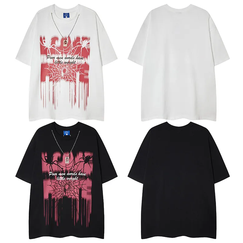 Jiayiku Men's  Summer American Street Hip Hop Fashion Brand Necklace Tee Dark Spider Print T-shirt Short Sleeve display picture 7