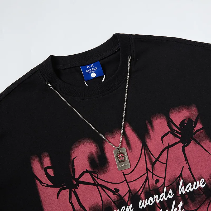 Jiayiku Men's  Summer American Street Hip Hop Fashion Brand Necklace Tee Dark Spider Print T-shirt Short Sleeve display picture 8