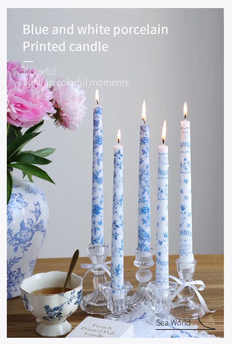 25cm Blue And White Porcelain Rod Wax Scented Candle Chinese Romantic Candlelight Dinner Wedding Holiday Household Smokeless Candle display picture 1