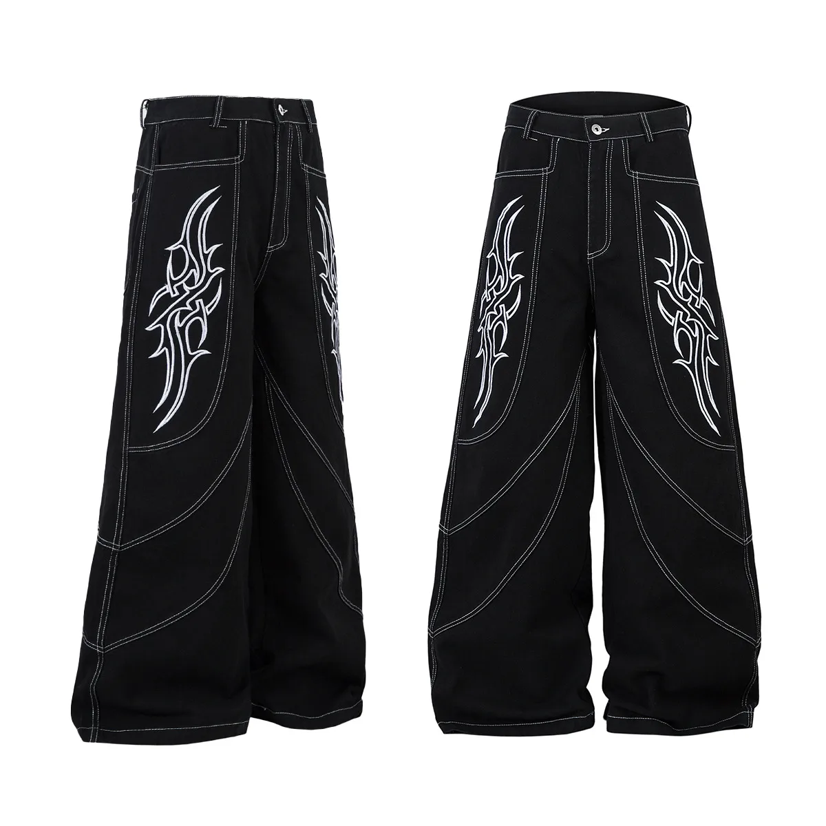 Spring  High Street RO Wind Structure Split Flame Embroidery Washed Primary Color Jeans Loose Wide Leg Pants display picture 2
